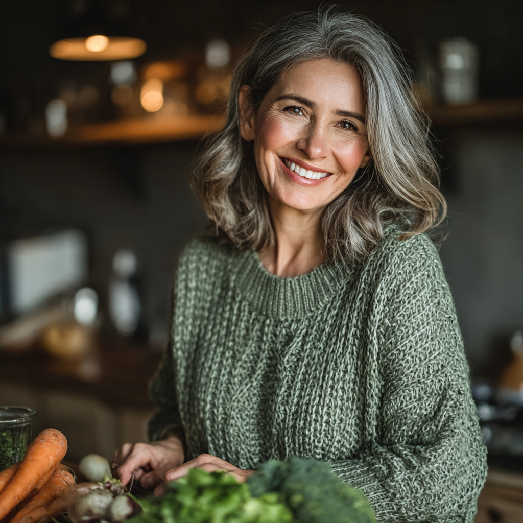 Confident woman in her 40s with gray hair wearing a light green sweater, smiling warmly while preparing fresh vegetables in a modern kitchen with natural lighting
