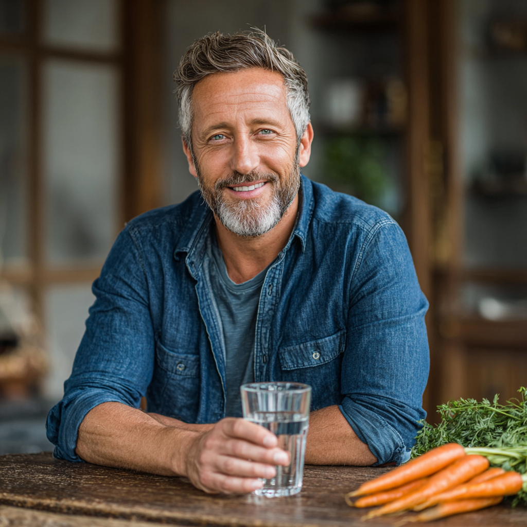Smiling man in his late 40s with salt and pepper beard wearing a casual blue shirt, looking confident and healthy while holding a glass of water with fresh vegetables on a wooden table in bright natural lighting